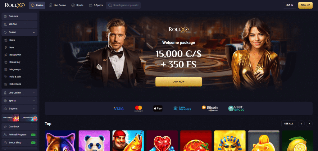 RollXO online casino homepage with welcome bonus banner and featured slot games