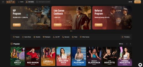 Slot Mafia live dealer casinos interface with VIP program and live roulette games
