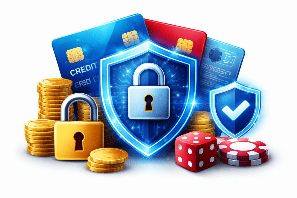 Credit Card Casinos: How Card Payments Work, Limits, Fees, and Security in 2026 12 Credit card casinos security illustration showing shield, padlock, and protected payment cards with encryption and fraud protection symbols
