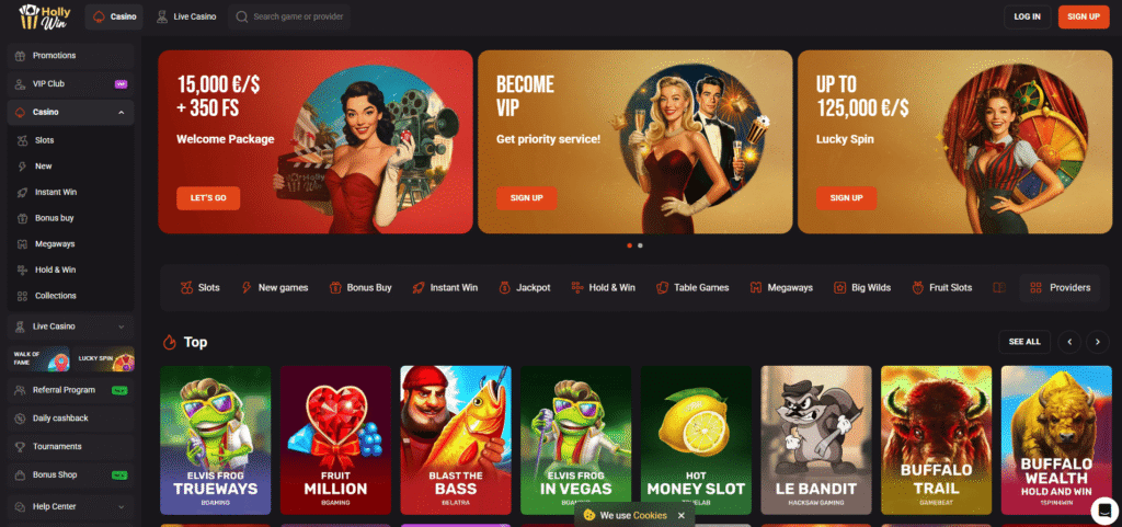HollyWin online casino homepage with 15,000 euro welcome bonus and featured slots