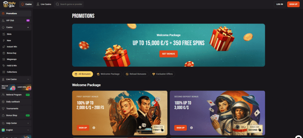 Best Online Casinos Explained (2026) 7 HollyWin casino bonuses page with 15,000 euro welcome offer and reload bonuses