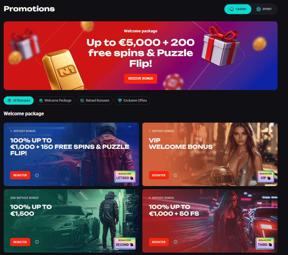 N1 Bet casino bonuses page showing 5,000 euro welcome bonus and deposit rewards