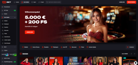 N1 Bet live dealer casinos page with 5,000 euro bonus and live blackjack tables