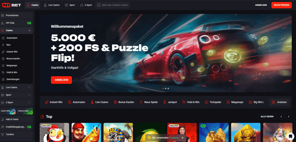 N1 Bet online casino homepage with 5,000 euro welcome bonus and slot lobby