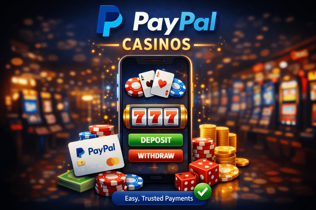 PayPal casinos illustration showing mobile casino interface with PayPal payment option, chips, cards, and slot display