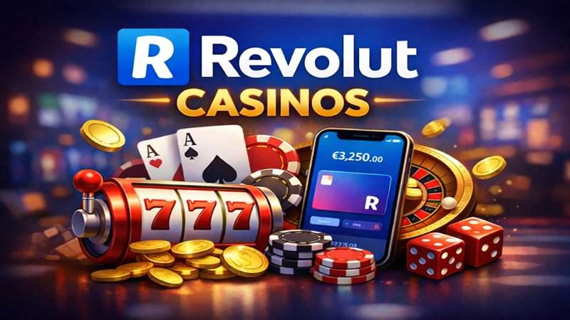 Revolut casinos payment method illustrated with casino chips, slot machine and mobile banking app
