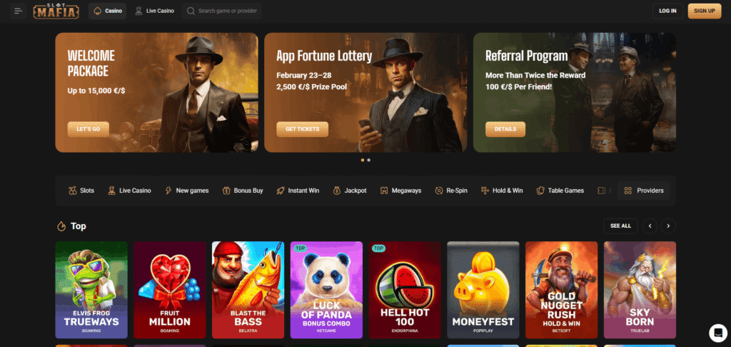 Slot Mafia online casino homepage showing welcome bonus banner and top slot games selection