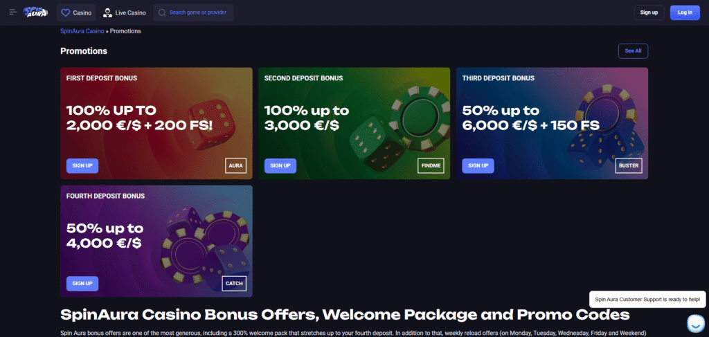 SpinAura casino bonuses page with multi deposit welcome package and promo codes