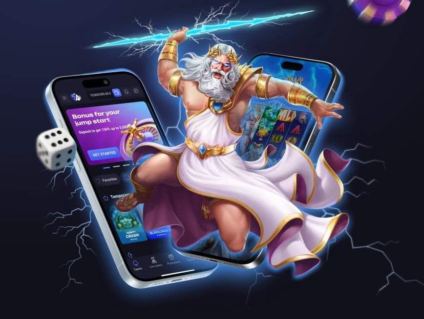 Online casinos mobile app featuring Zeus character and slot gameplay on smartphone screens