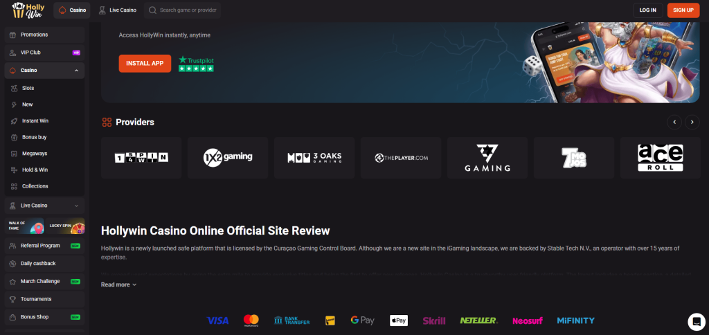 Hollywin casino interface showing providers and casino payment methods including Visa Mastercard Skrill Neteller and Apple Pay