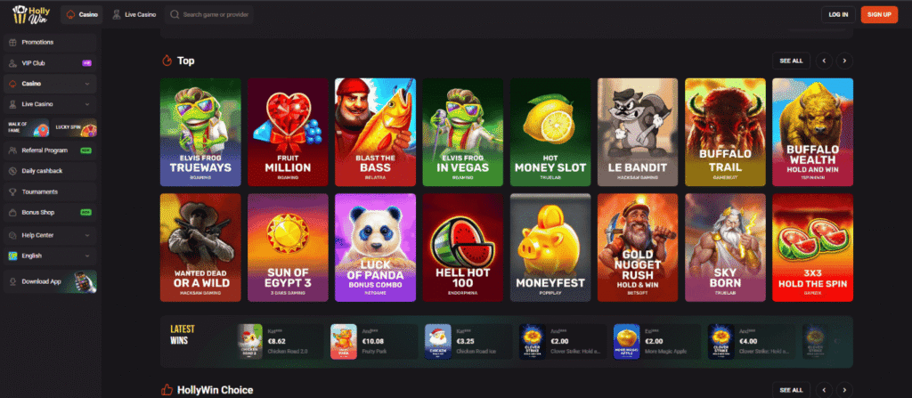 Hollywin casino homepage displaying top slot games and latest wins