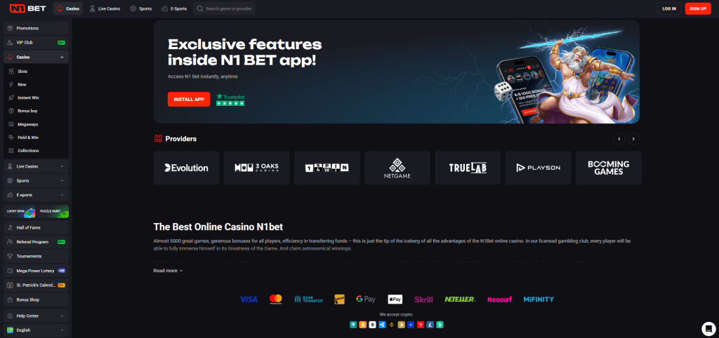 N1Bet casino homepage displaying providers and casino payment methods including Visa Mastercard Google Pay Skrill and Neteller