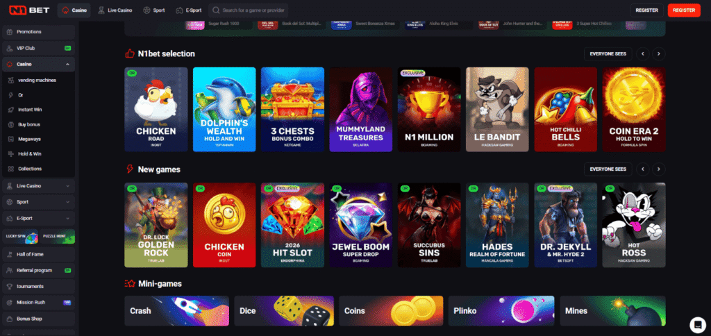 Crypto casinos dashboard featuring new games and mini games section