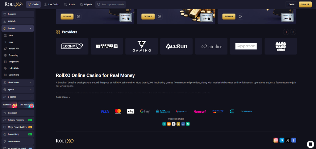 RollXO casino platform showing supported casino payment methods and cryptocurrency deposit options