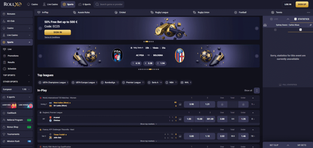 Sports betting sites in-play section with live odds and top leagues