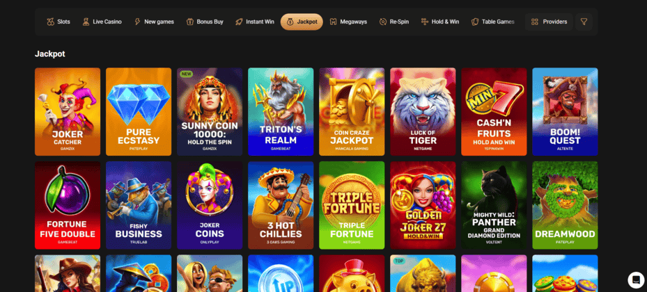 Progressive jackpot casinos page with jackpot slots category selected