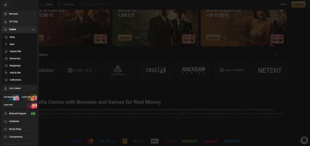 Slot Mafia casino dashboard with bonus offers and slot providers in the casino lobby