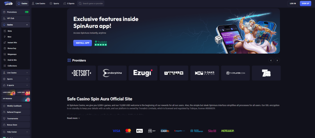 SpinAura casino homepage interface with slots providers and multiple payment options for deposits and withdrawals