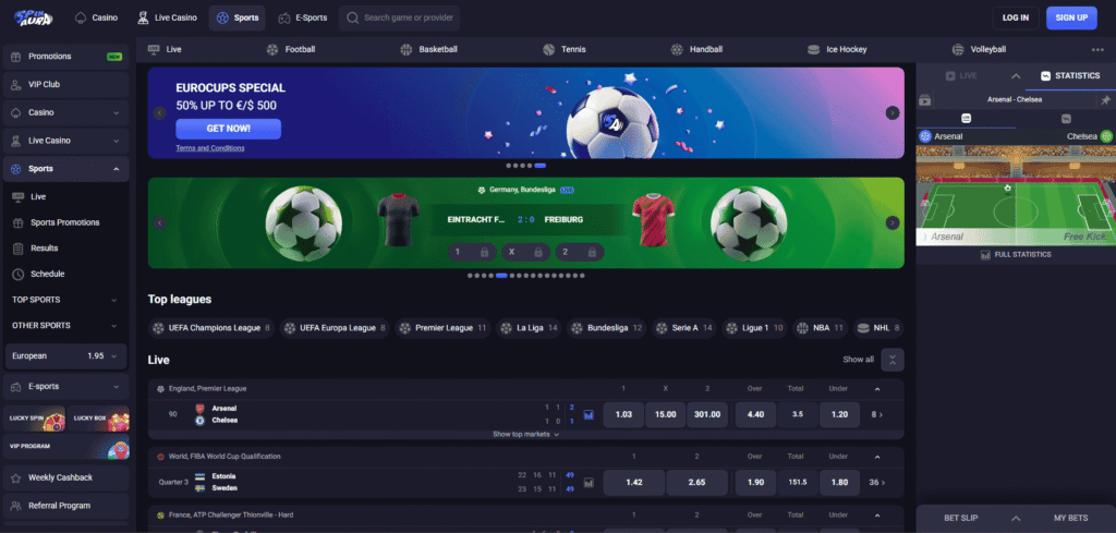 Sports betting sites platform showing live football and betting markets