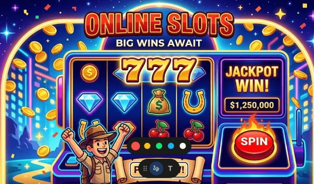 A vibrant digital illustration of a modern online slot machine interface showing a "777" jackpot win with glowing neon diamonds and falling gold coins.
