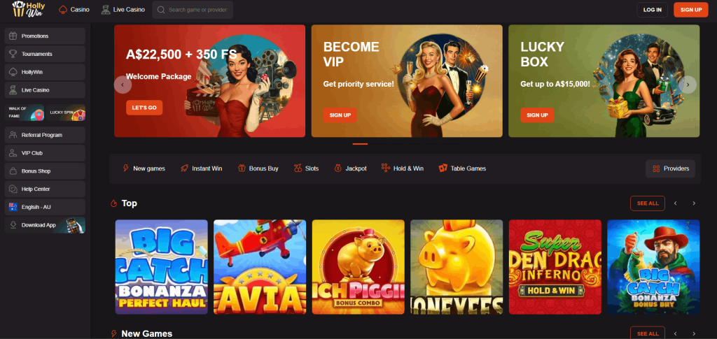 HollyWin casino homepage with welcome offer and featured games