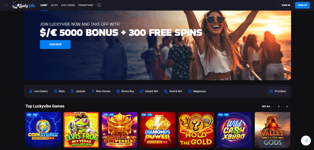 Lucky Vibe casino homepage with bonus banner and top games