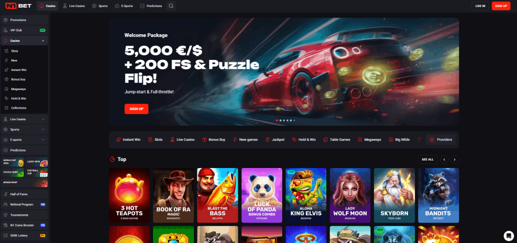 N1Bet casino homepage with welcome package and game categories