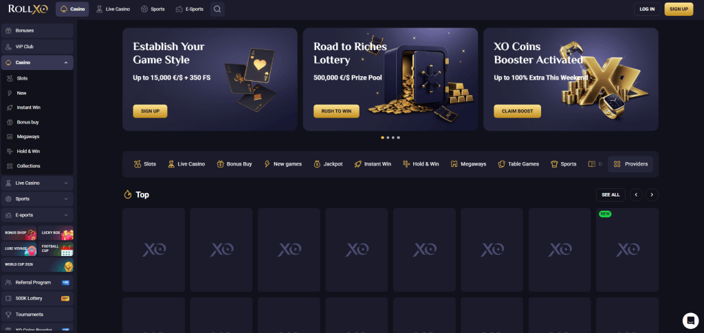 RollXO casino homepage with promotions and game lobby