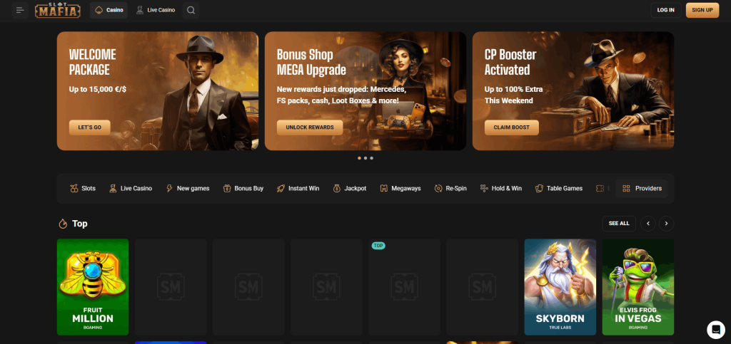 Slot Mafia casino homepage with welcome package and slot lobby