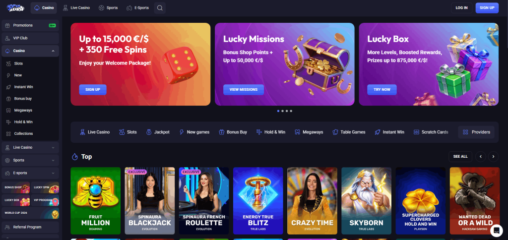 SpinAura casino homepage with welcome package and casino games