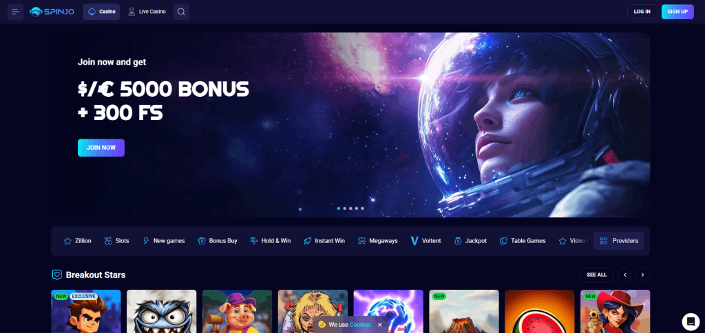 Spinjo online casino homepage with welcome bonus banner and game lobby