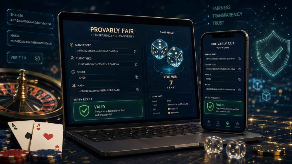 Provably fair casino games verification panel showing server seed, client seed, nonce and hash beside blackjack and roulette