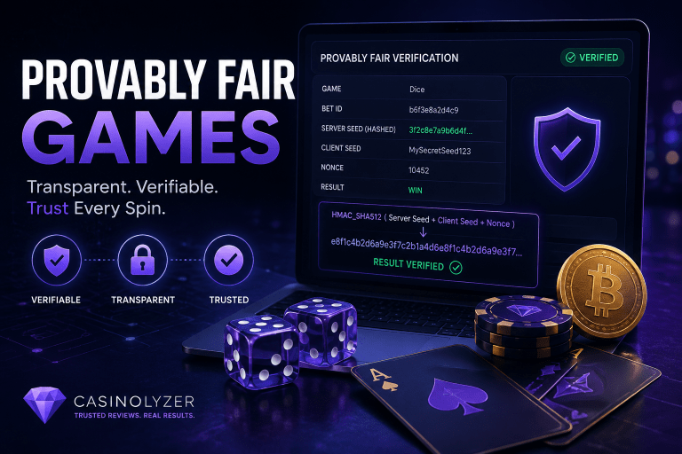 Provably fair games verification screen showing seeds, hashes, nonce and a verified crypto casino result