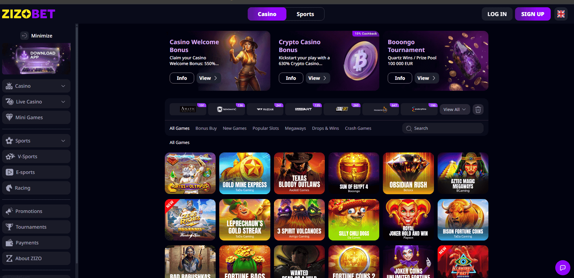 Zizobet casino lobby showing slots, game providers and casino welcome bonuses