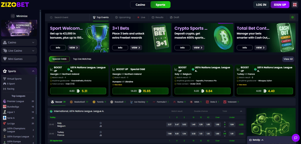 Zizobet sportsbook interface with live football odds, bet boosts and sports markets